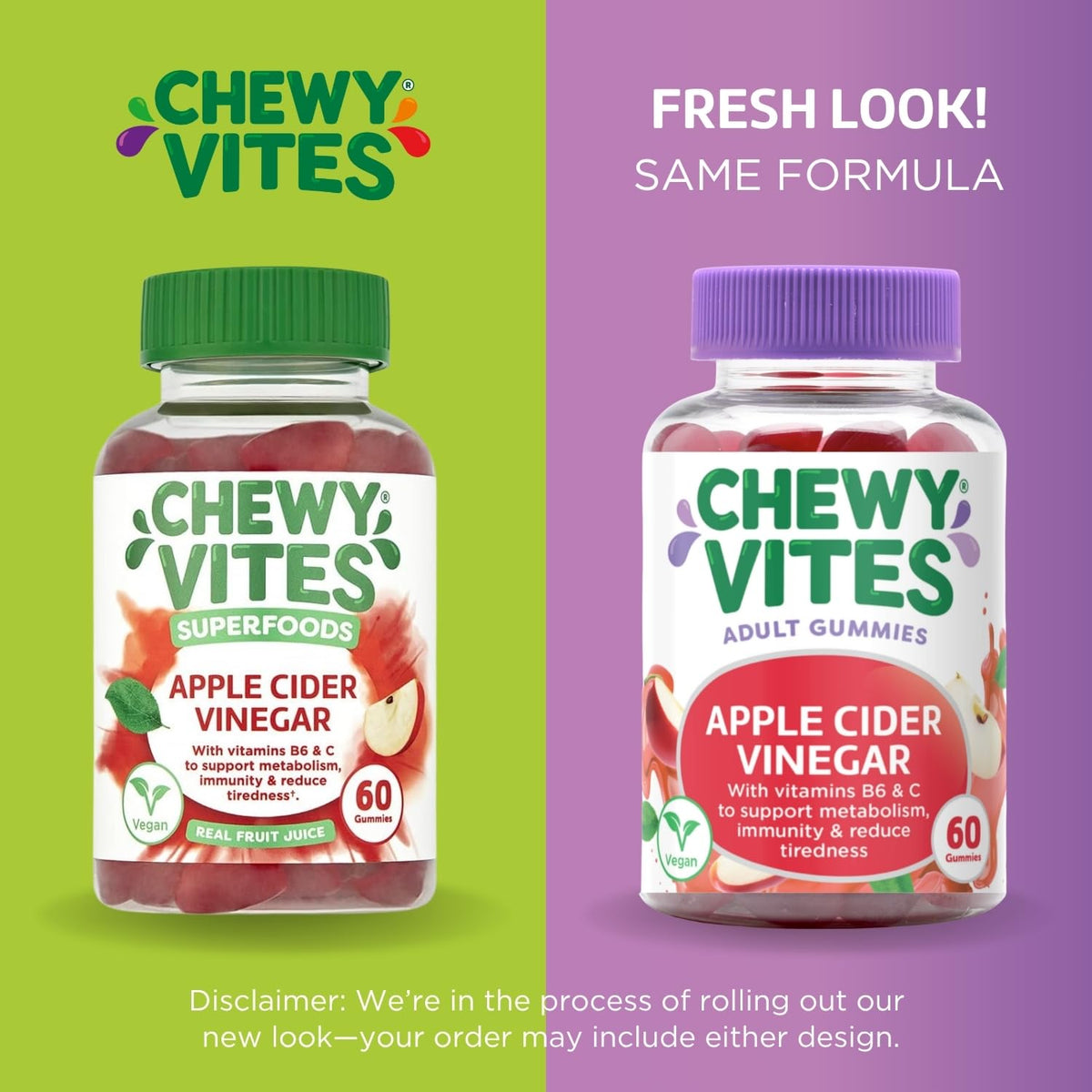 Chewy Vites Apple Cider Vinegar Gummies - 60 Vegan Vitamin C Superfoods - Real Fruit Juice 500mg ACV - New - BBE 09/2026