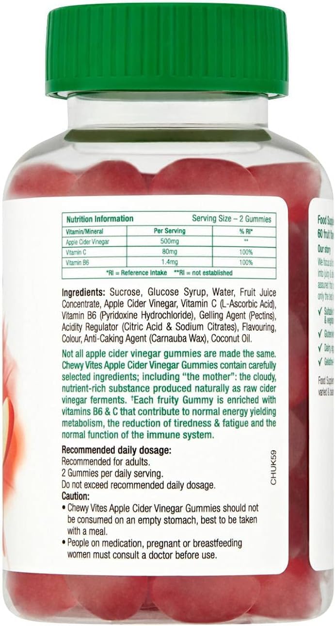Chewy Vites Apple Cider Vinegar Gummies - 60 Vegan Vitamin C Superfoods - Real Fruit Juice 500mg ACV - New - BBE 09/2026