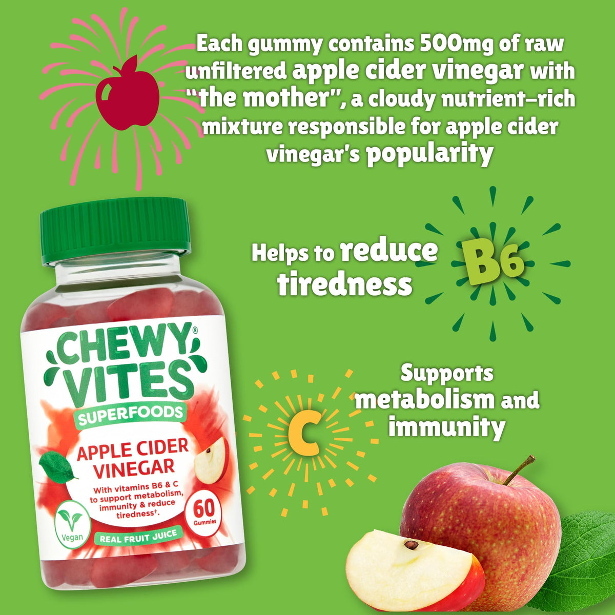 Chewy Vites Apple Cider Vinegar Gummies - 60 Vegan Vitamin C Superfoods - Real Fruit Juice 500mg ACV - New - BBE 09/2026