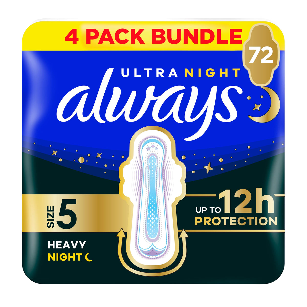 Always Ultra Sanitary Towels Secure Night Extra Size 5 - 18 x 4 Pack - 72 Pads Total - Absorbent Sanitary Pads - New