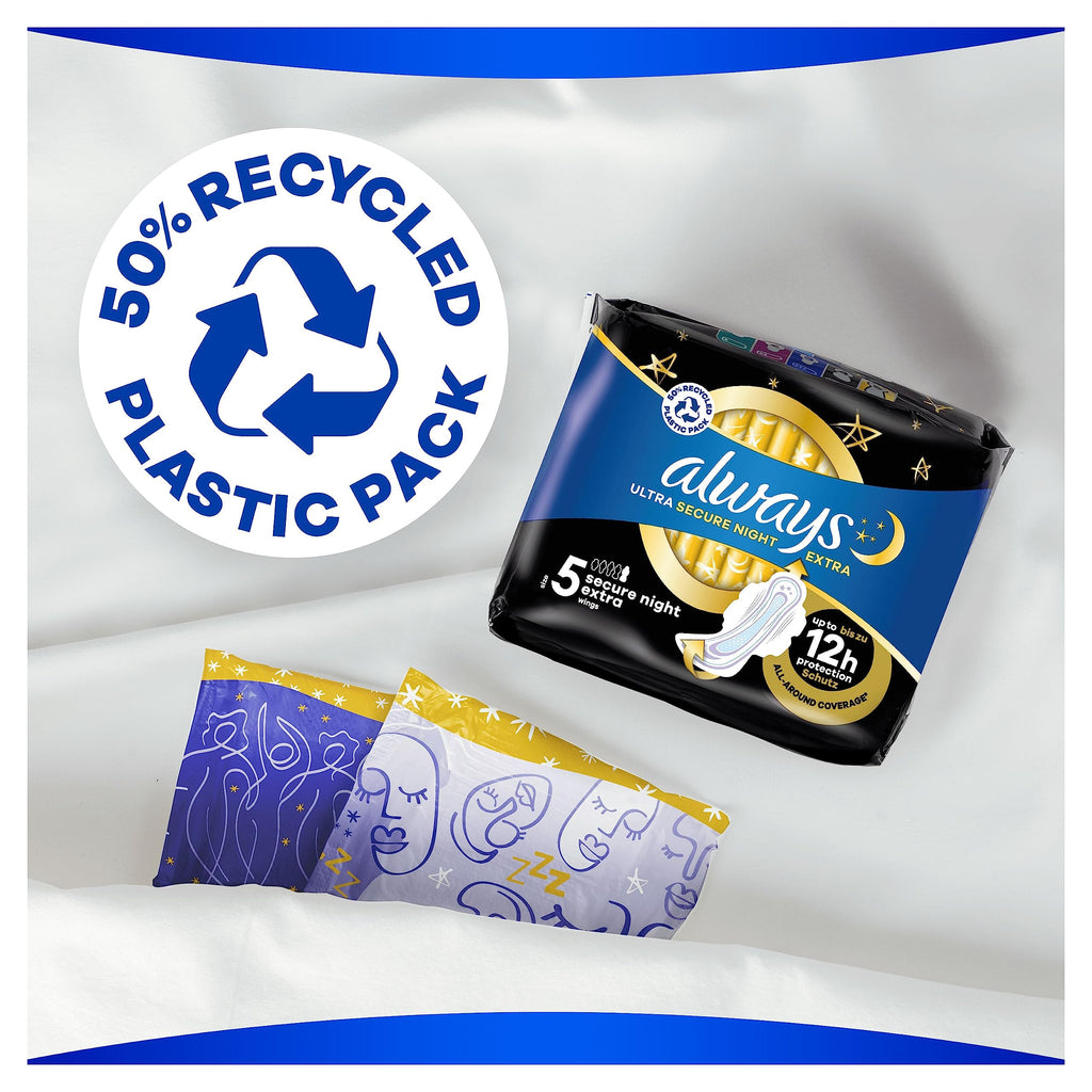 Always Ultra Sanitary Towels Secure Night Extra Size 5 - 18 x 4 Pack - 72 Pads Total - Absorbent Sanitary Pads - New