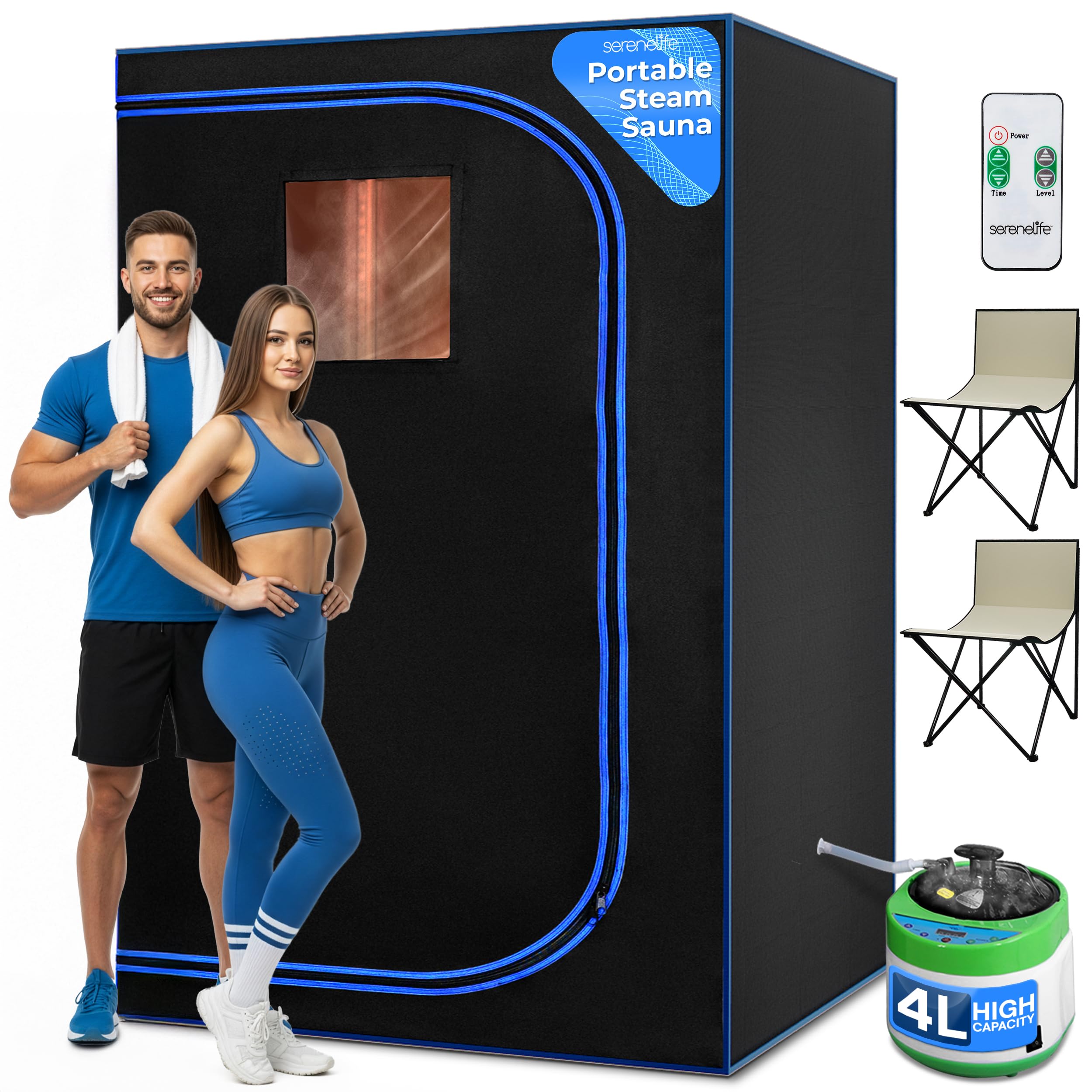 SereneLife 2-Person Portable Steam Sauna - Detox Body Therapy, Energy Efficient, Folding Chair, Foot Pad, Black - Damaged Box
