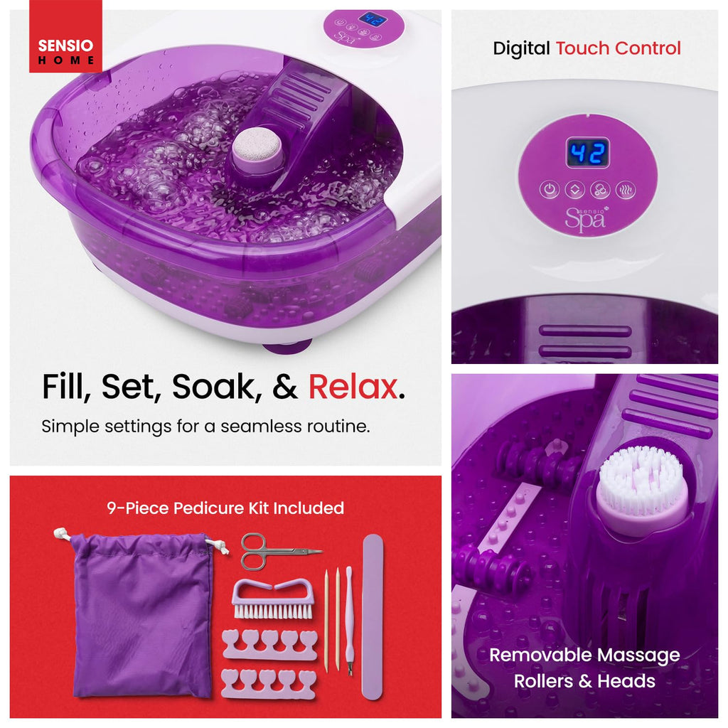 Sensio Spa Luxury Heated Foot Spa Massager - Digital Temp Control, Bubble Vibration, 4 Rollers, 9 Piece Pedicure Set - Damaged Box