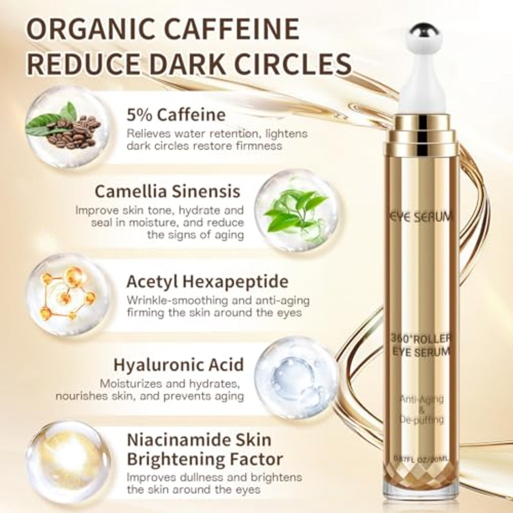 Eye Serum Massage Roller - 360° Anti-Ageing Eye Cream for Dark Circles, Puffiness, Wrinkles - Under Eye Treatment - Damaged Box