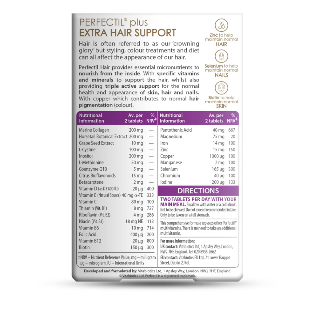 Vitabiotics Perfectil Hair Beauty Supplement - Biotin, CoQ10, Collagen - 60 Tablets - 30-Day Supply - New - BBE 12/2027