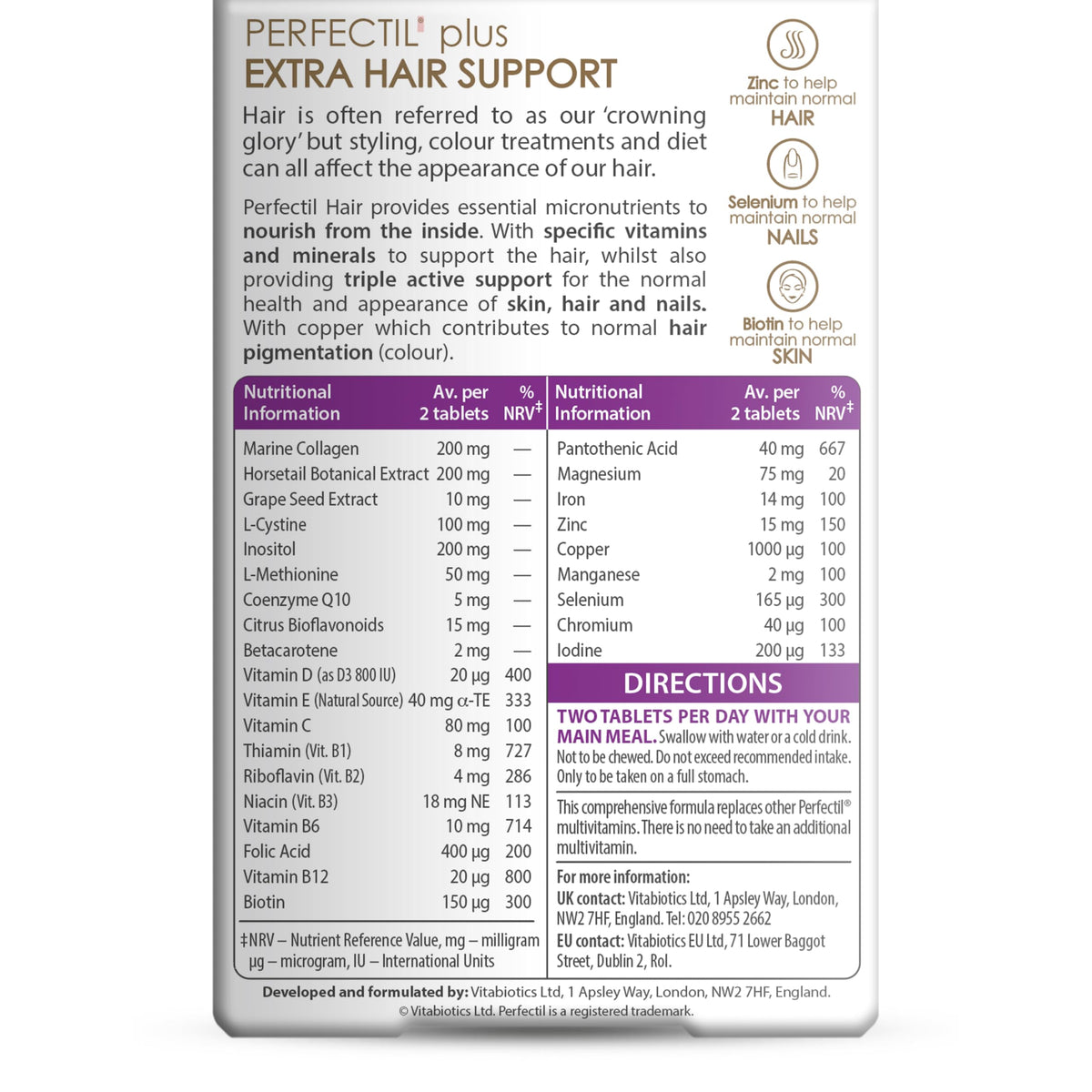Vitabiotics Perfectil Hair Beauty Supplement - Biotin, CoQ10, Collagen - 60 Tablets - 30-Day Supply - New - BBE 12/2027