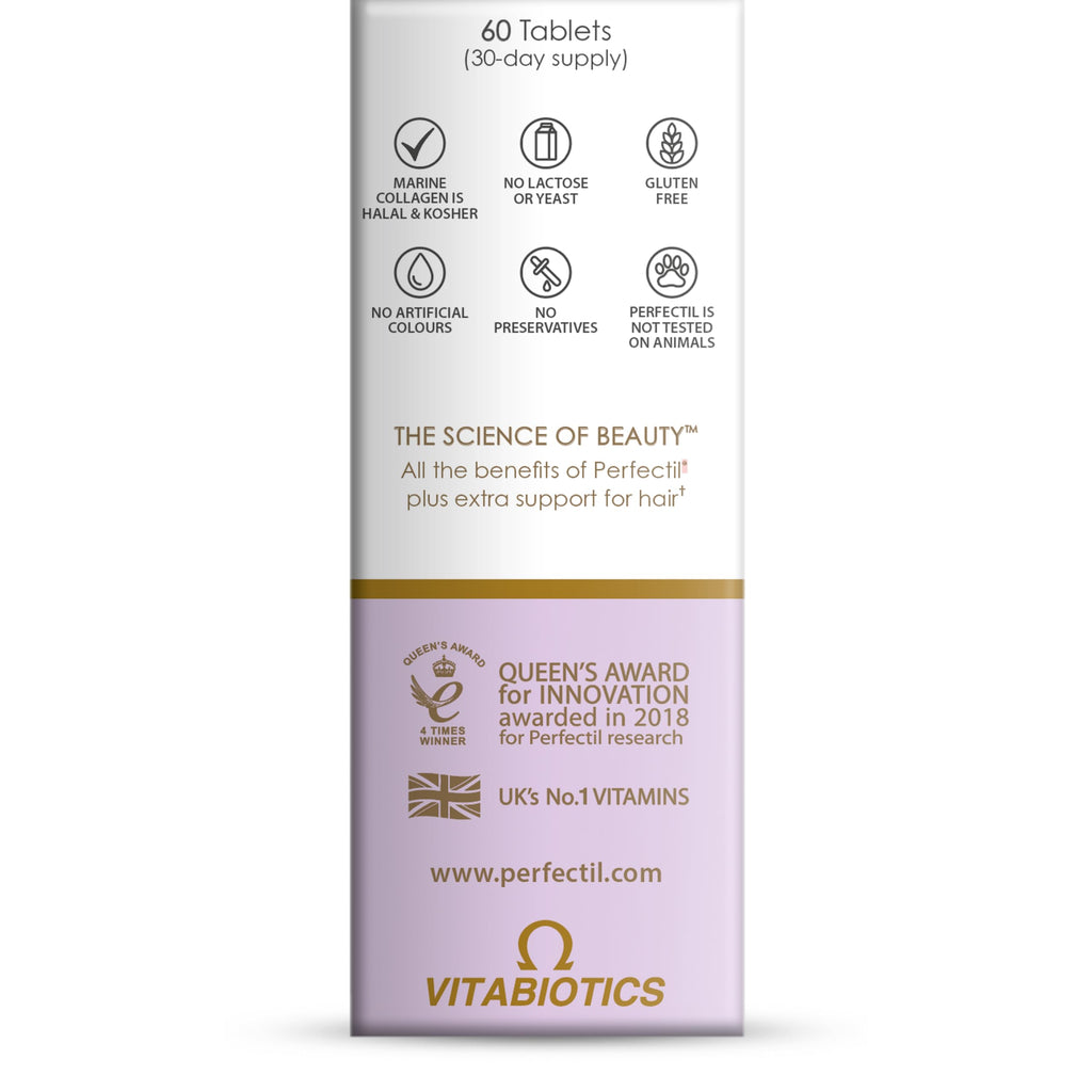 Vitabiotics Perfectil Hair Beauty Supplement - Biotin, CoQ10, Collagen - 60 Tablets - 30-Day Supply - New - BBE 12/2027