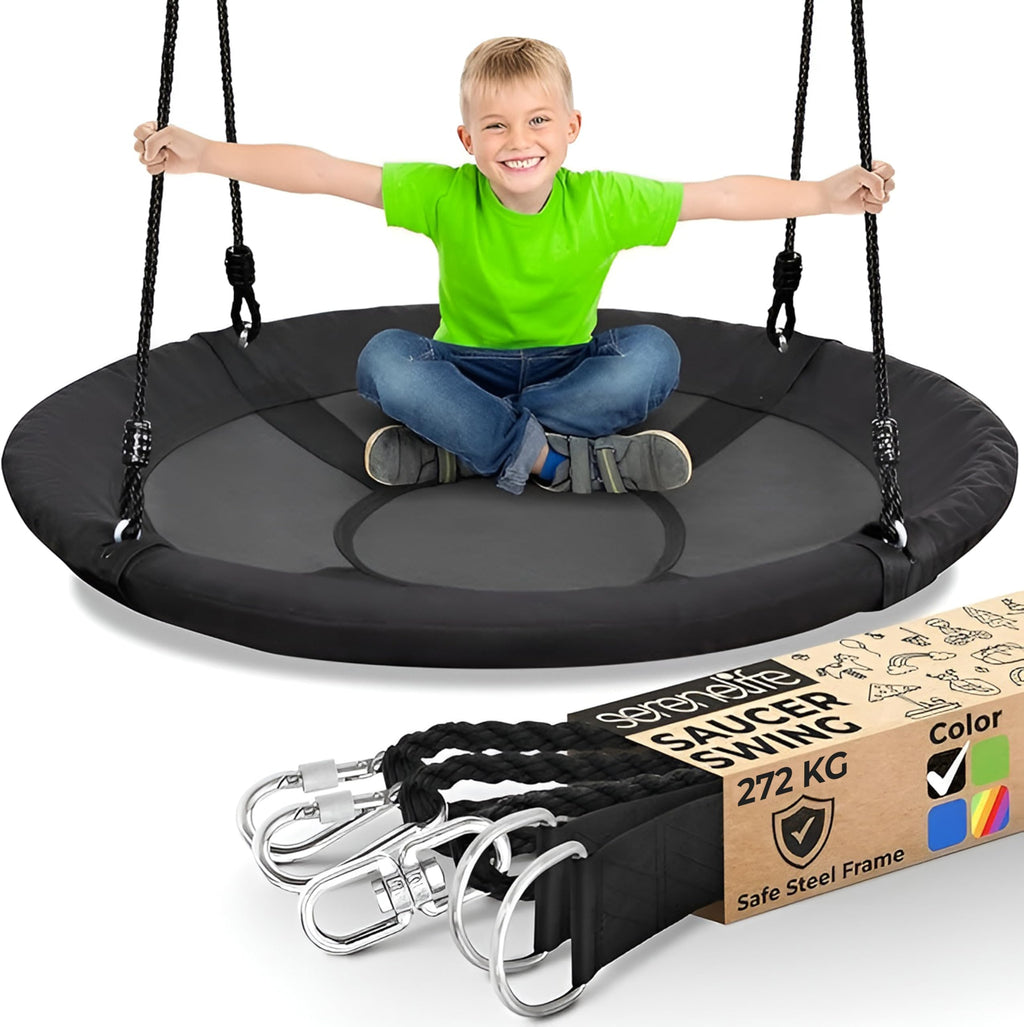 SereneLife Large Round Tree Swing Seat - Black Saucer Nest Swing for Kids & Adults - 270kg Capacity Indoor Outdoor Hanging Rope - Like New