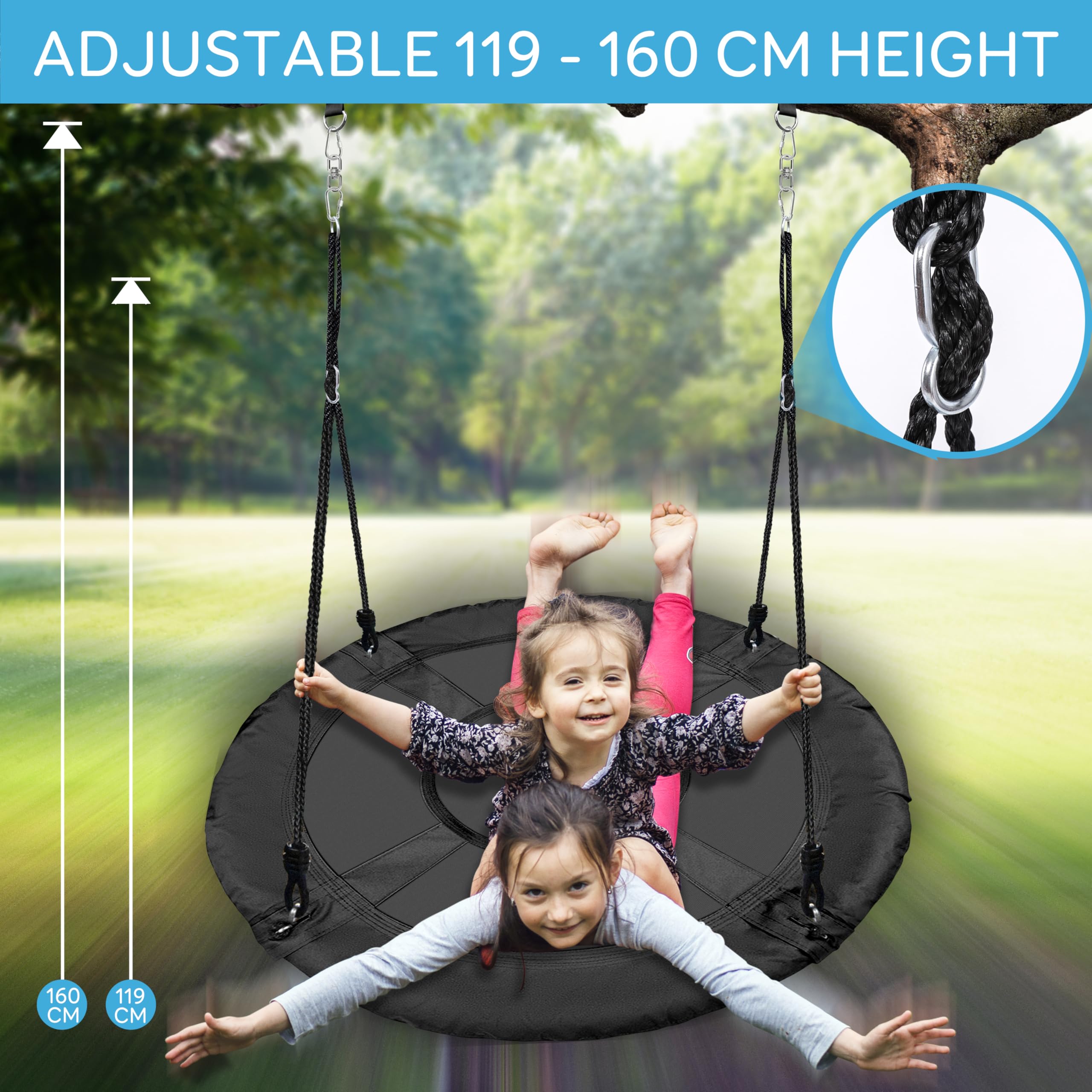 SereneLife Large Round Tree Swing Seat - Black Saucer Nest Swing for Kids & Adults - 270kg Capacity Indoor Outdoor Hanging Rope - Like New