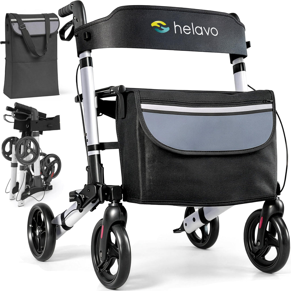Helavo Foldable Lightweight Silver Rollator Walker with Seat - 360 Swivel Wheels - Mobility Aid - Damaged Box