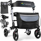 Helavo Foldable Lightweight Silver Rollator Walker with Seat - 360 Swivel Wheels - Mobility Aid - Damaged Box