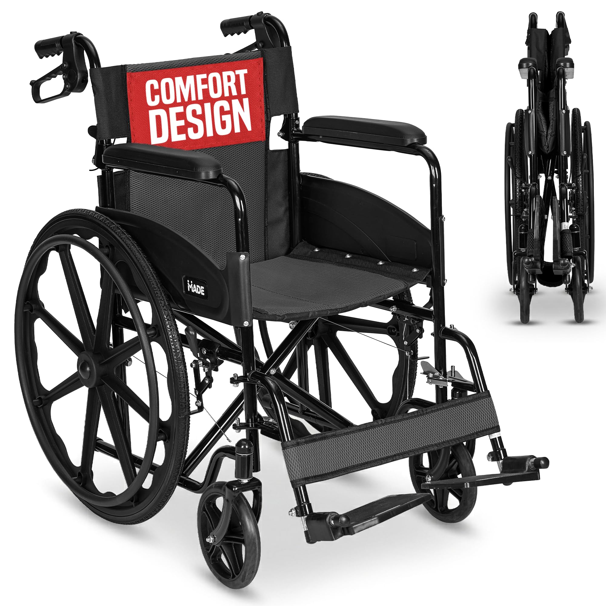 Self Propelled Wheelchair 20in Seat - Folding Lightweight Transit Mobility Aid - Black - Very Good