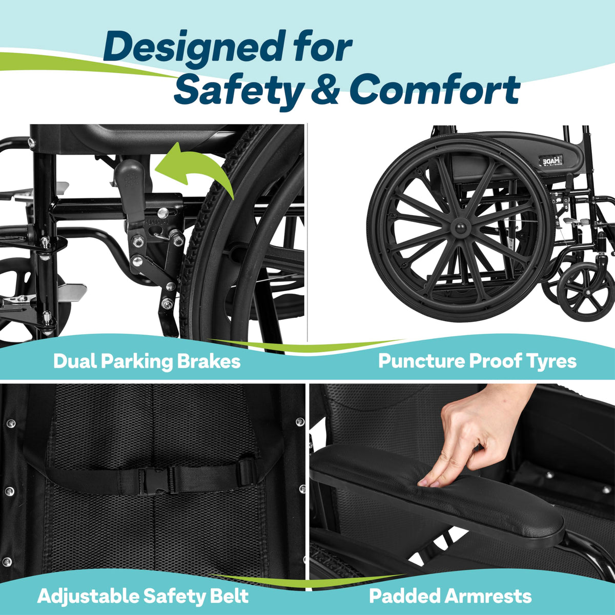Self Propelled Wheelchair 20in Seat - Folding Lightweight Transit Mobility Aid - Black - Very Good
