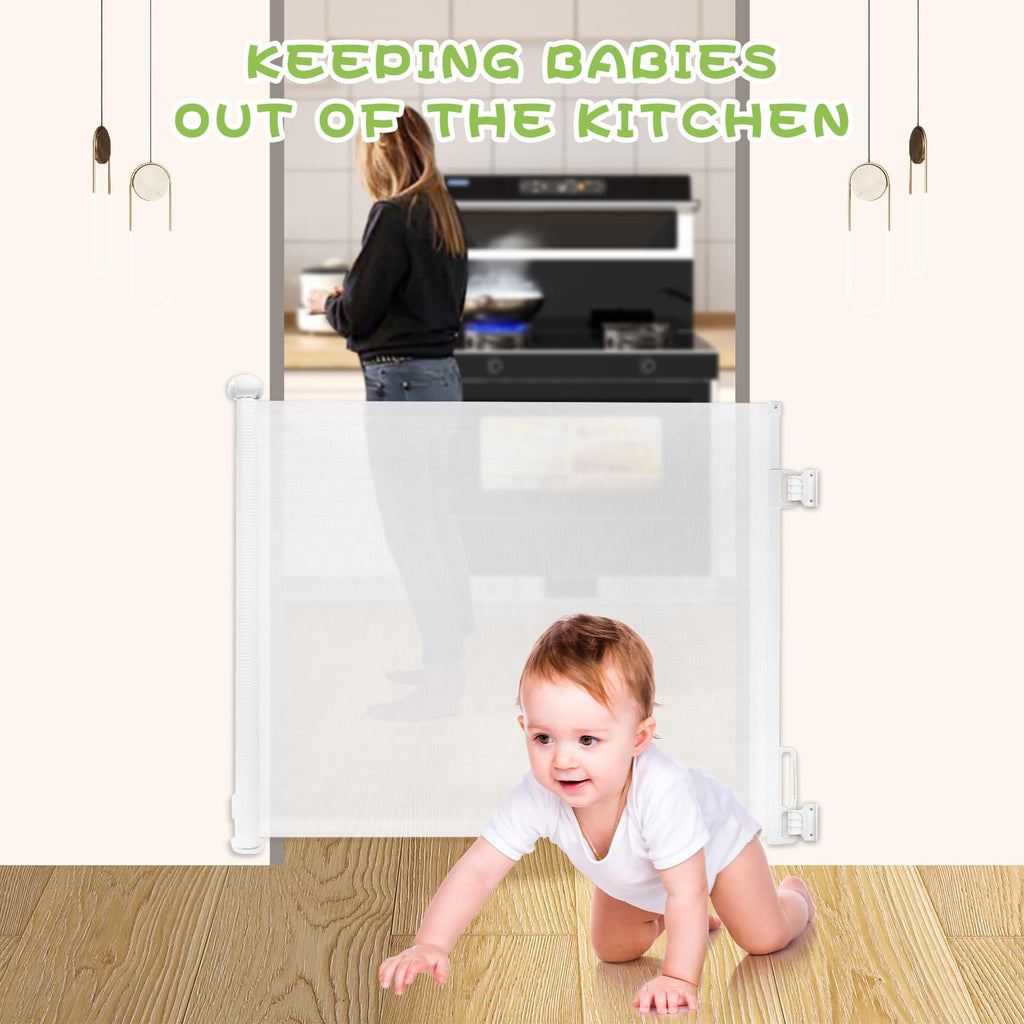 Rainberg Retractable Stair Gate - 180cm Wide 80cm Tall - Baby Pet Safety Barrier - One Hand Operated Doorway Hallway White - Damaged Box