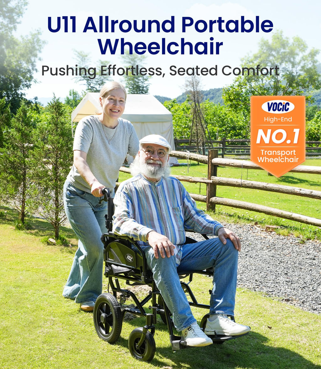VOCIC Lightweight Wheelchair for Adults - 13kg Folding Transit Chair - 30cm All-Terrain Tyres - Portable Mobility Aid - Like New