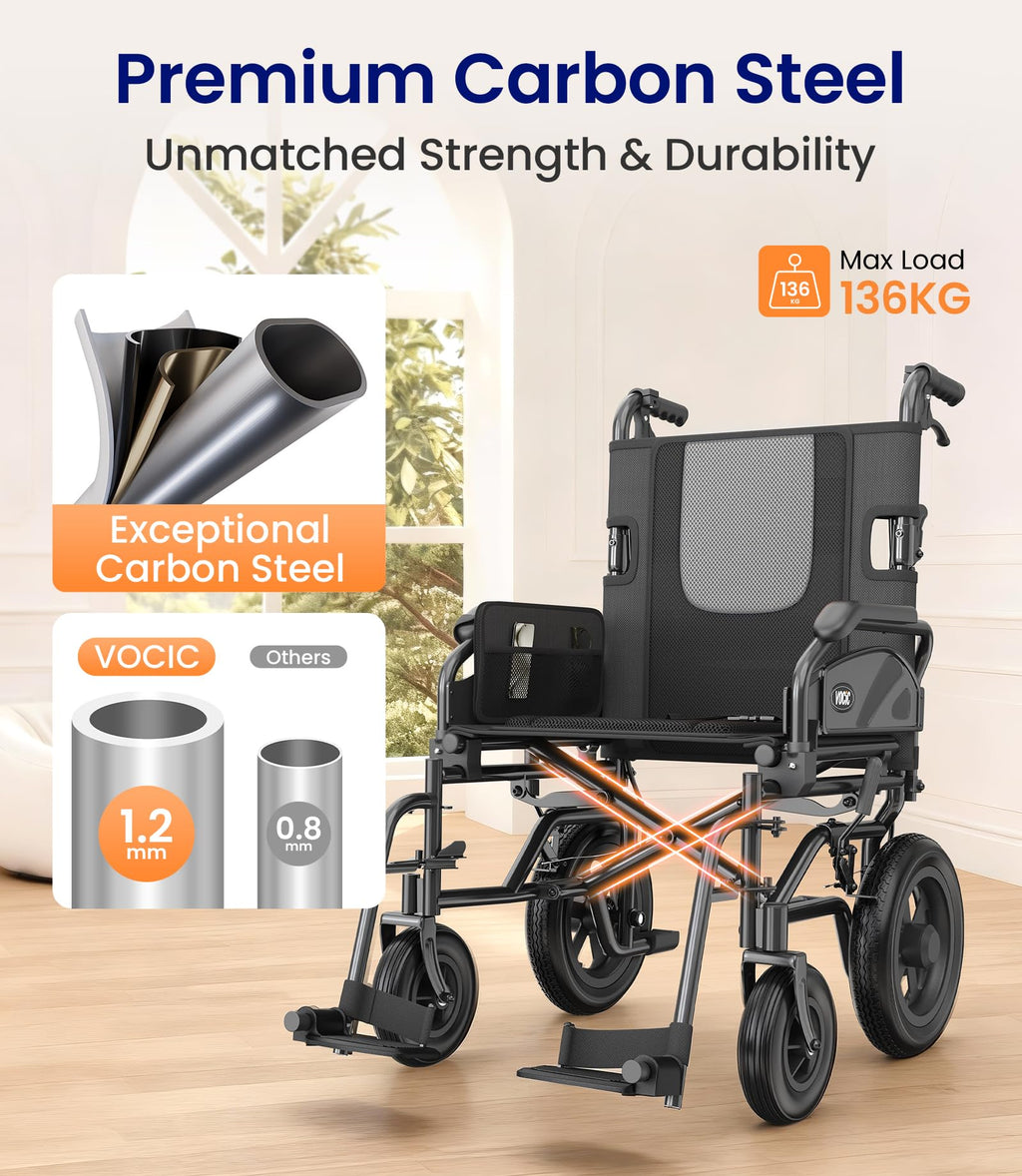 VOCIC Lightweight Wheelchair for Adults - 13kg Folding Transit Chair - 30cm All-Terrain Tyres - Portable Mobility Aid - Like New