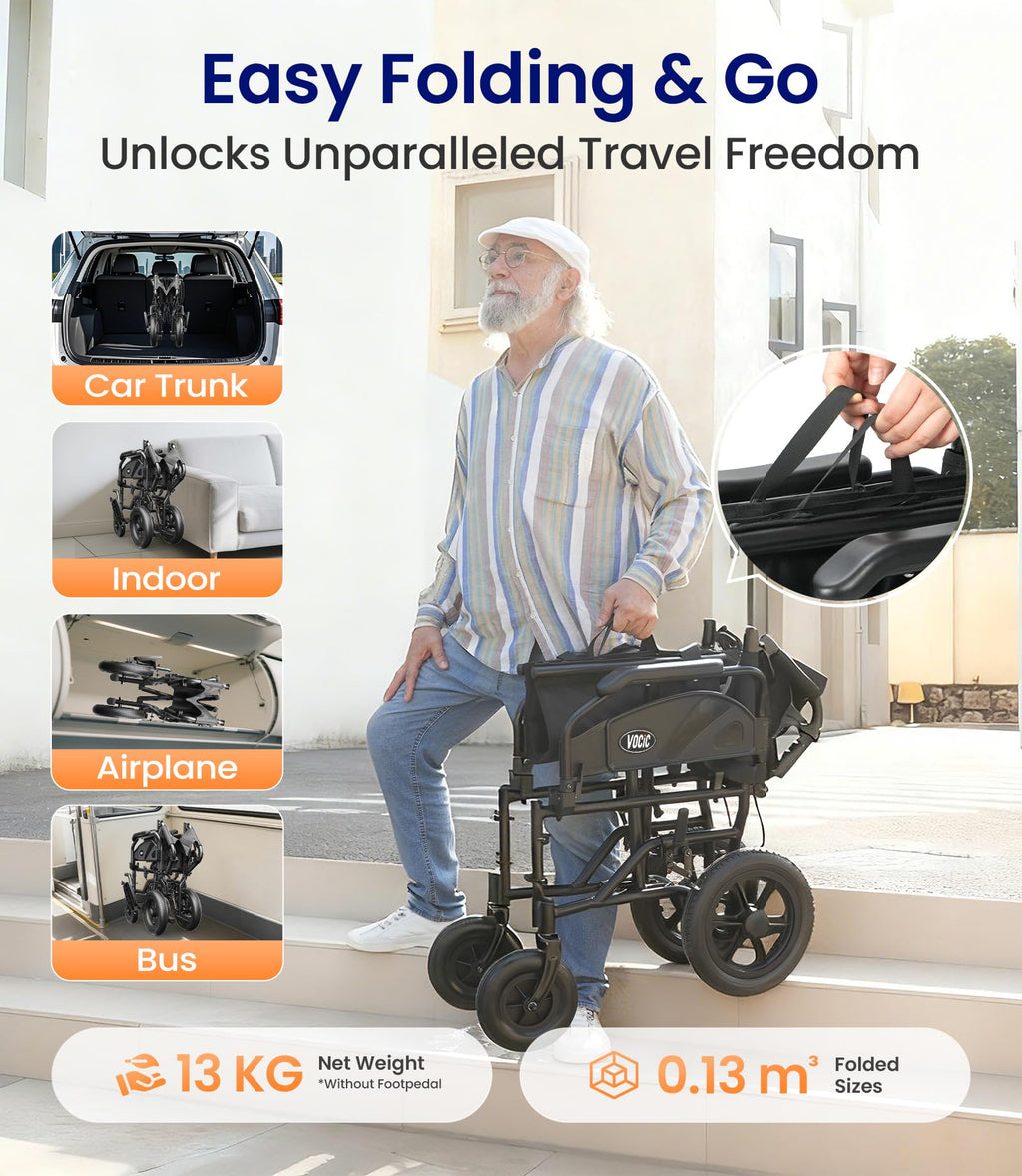 VOCIC Lightweight Wheelchair for Adults - 13kg Folding Transit Chair - 30cm All-Terrain Tyres - Portable Mobility Aid - Like New