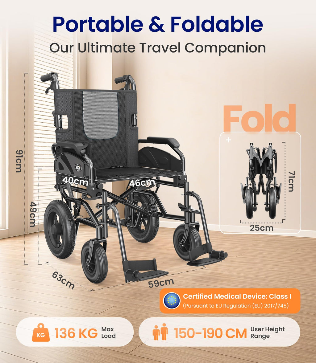 VOCIC Lightweight Wheelchair for Adults - 13kg Folding Transit Chair - 30cm All-Terrain Tyres - Portable Mobility Aid - Like New