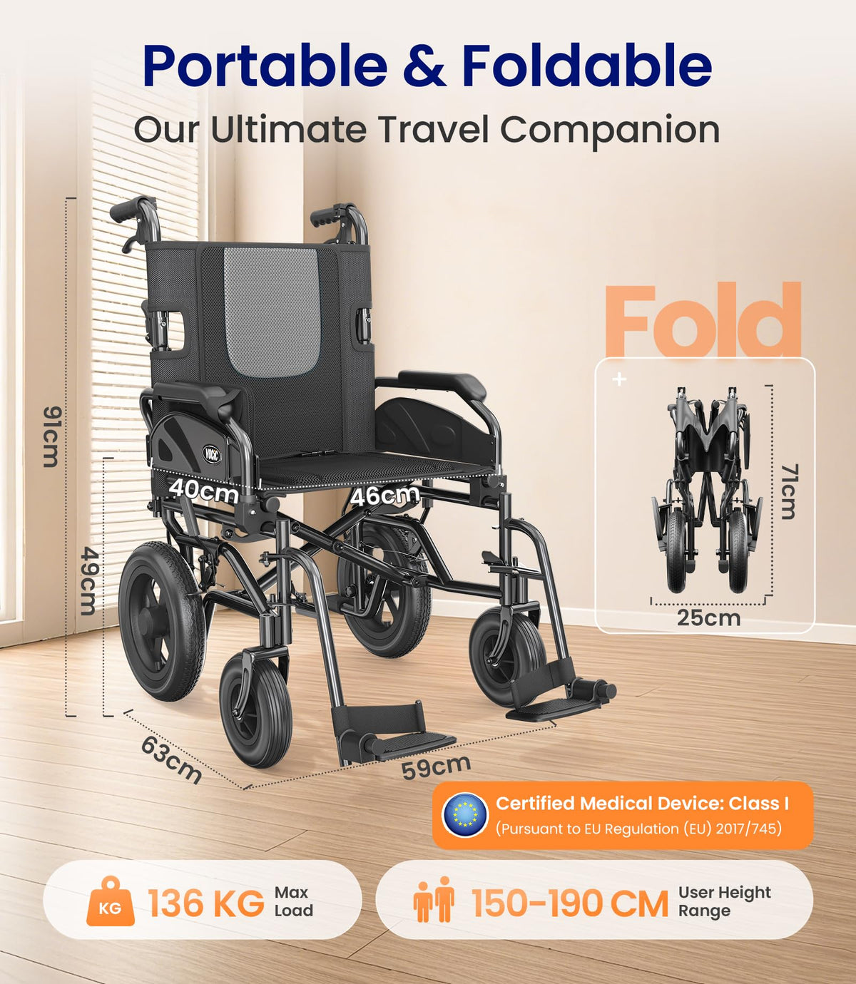 VOCIC Lightweight Wheelchair for Adults - 13kg Folding Transit Chair - 30cm All-Terrain Tyres - Portable Mobility Aid - Like New