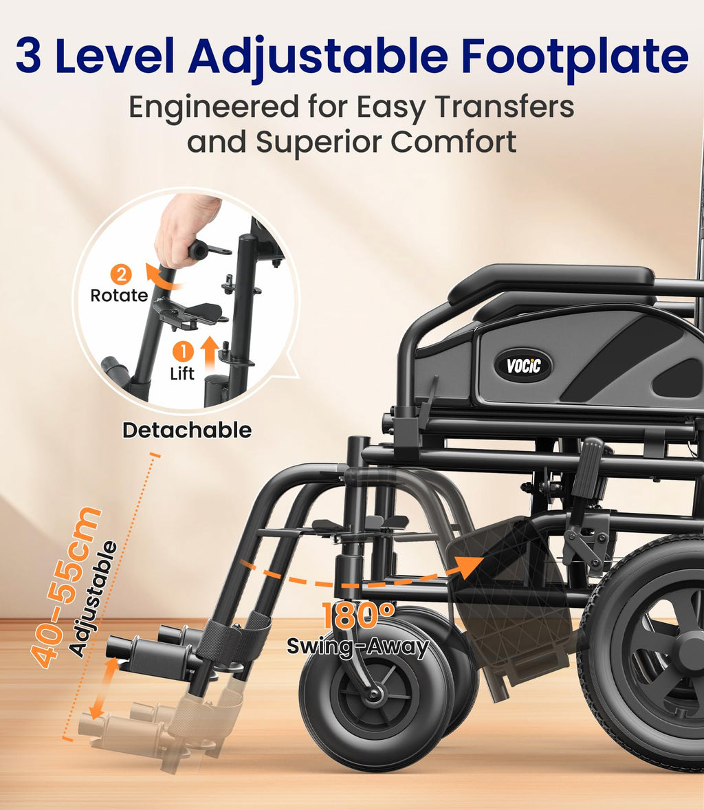 VOCIC Lightweight Wheelchair for Adults - 13kg Folding Transit Chair - 30cm All-Terrain Tyres - Portable Mobility Aid - Like New