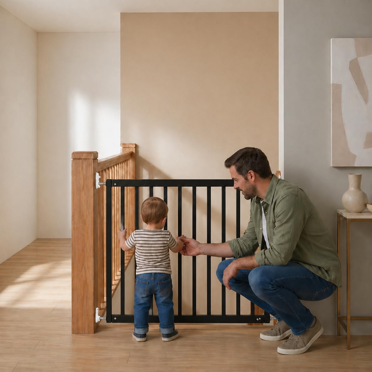Safetots Top of Stairs Screw Fitted Baby Gate - Black Wooden - 63.5-105.5cm - Wood Safety Barrier Stair Gate - Damaged Box
