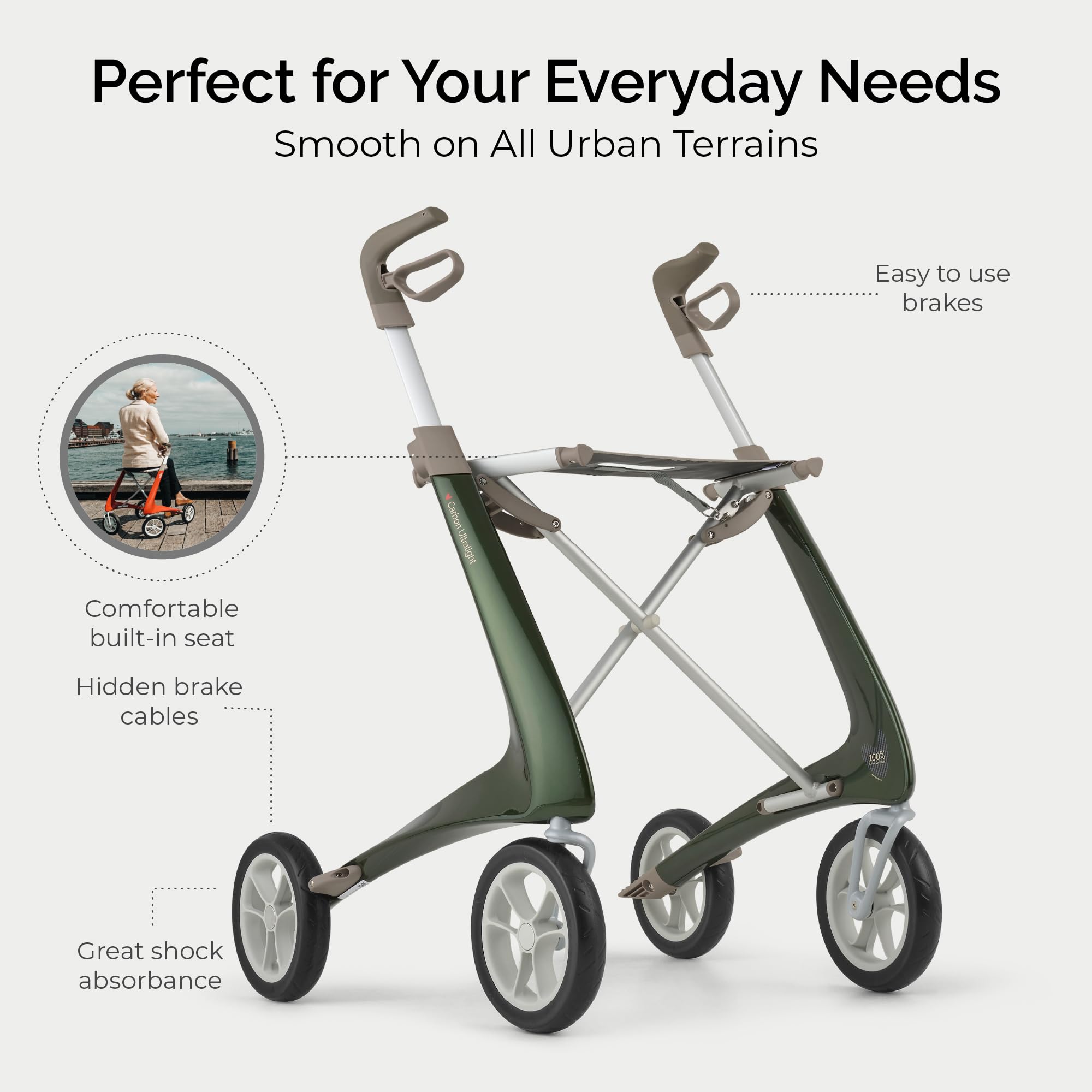 byACRE Carbon Ultralight Rollator Walker - British Green - 4.8kg Lightweight Mobility Aid - Folding Design - Like New