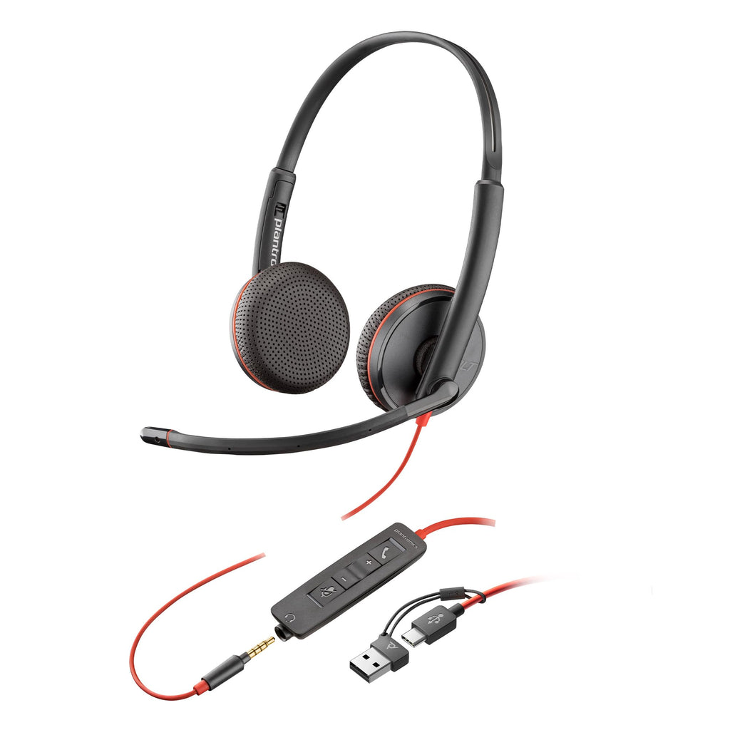 Poly Blackwire 3225 Wired Headset - USB-C to USB-A & 3.5mm Jack - Stereo Hi-Fi Sound - Noise-Cancelling Mic - PC Headphone - New