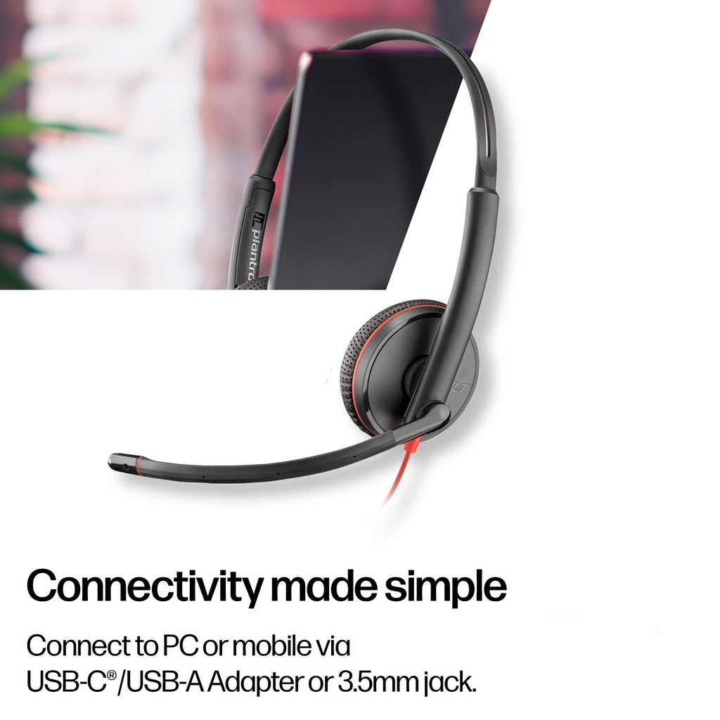 Poly Blackwire 3225 Wired Headset - USB-C to USB-A & 3.5mm Jack - Stereo Hi-Fi Sound - Noise-Cancelling Mic - PC Headphone - New