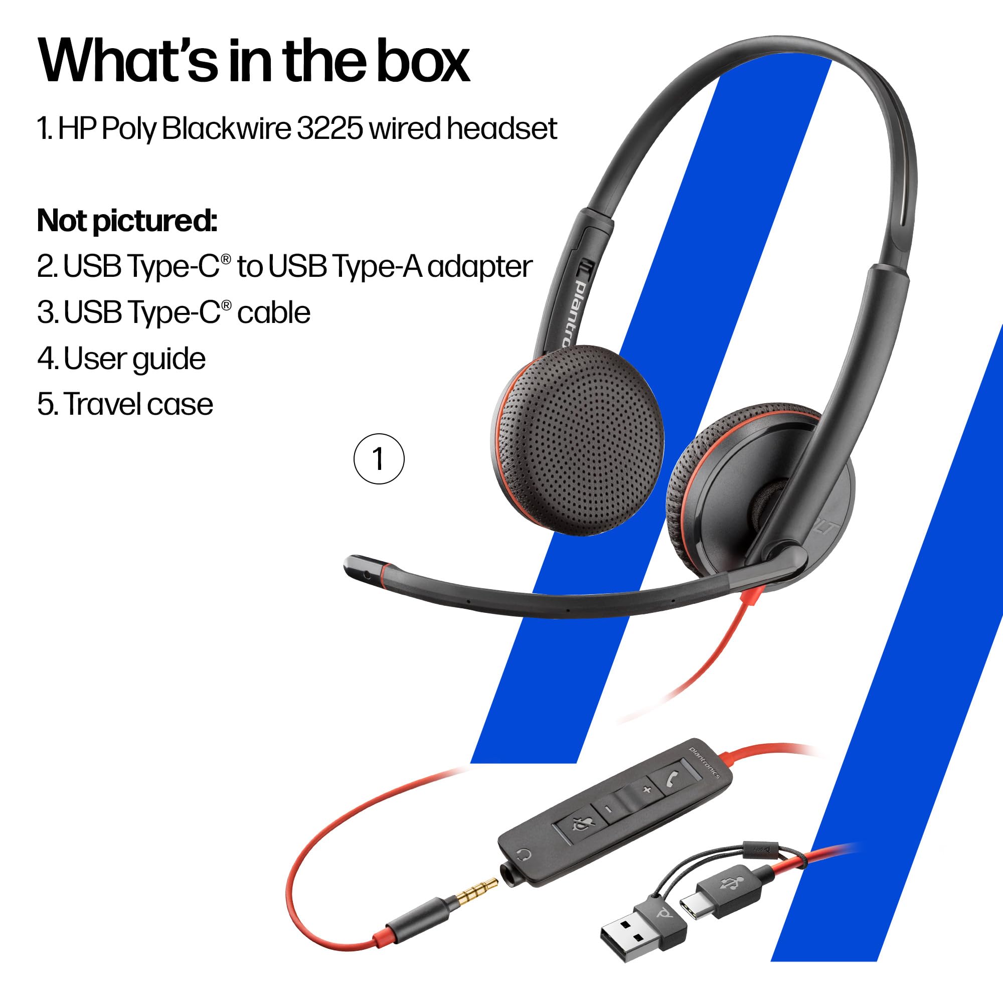 Poly Blackwire 3225 Wired Headset - USB-C to USB-A & 3.5mm Jack - Stereo Hi-Fi Sound - Noise-Cancelling Mic - PC Headphone - New
