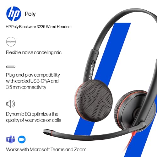 Poly Blackwire 3225 Wired Headset - USB-C to USB-A & 3.5mm Jack - Stereo Hi-Fi Sound - Noise-Cancelling Mic - PC Headphone - New