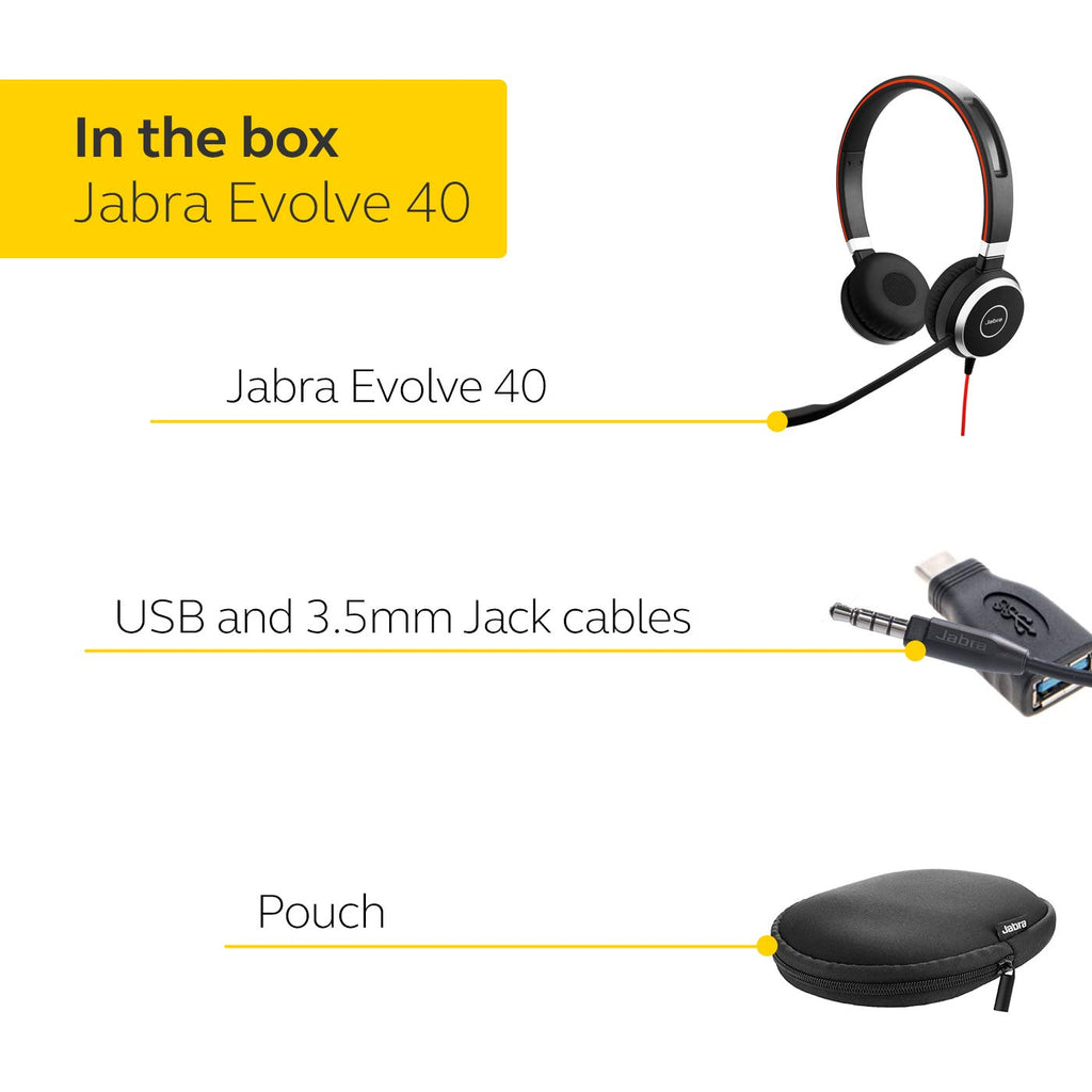 Jabra Evolve 40 MS Stereo Headset - Microsoft Certified Headphones - USB Controller - Black - VoIP Softphone PC Headset - New