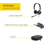 Jabra Evolve 40 MS Stereo Headset - Microsoft Certified Headphones - USB Controller - Black - VoIP Softphone PC Headset - New