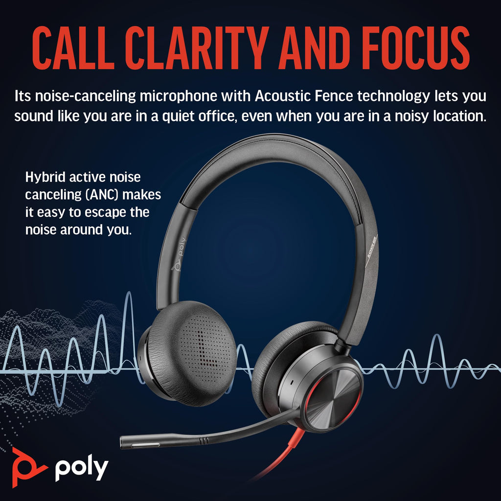 Poly Blackwire 8225 Wired Headset - Active Noise Cancelling - Hi-Fi Stereo - USB-A - PC Mac Teams Zoom Compatible - New