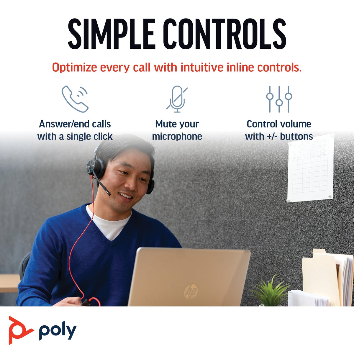 Poly Blackwire 8225 Wired Headset - Active Noise Cancelling - Hi-Fi Stereo - USB-A - PC Mac Teams Zoom Compatible - New
