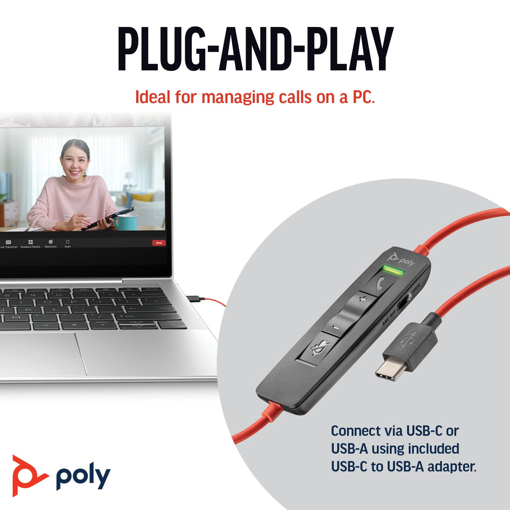Poly Blackwire 8225 Wired Headset - Active Noise Cancelling - Hi-Fi Stereo - USB-A - PC Mac Teams Zoom Compatible - New