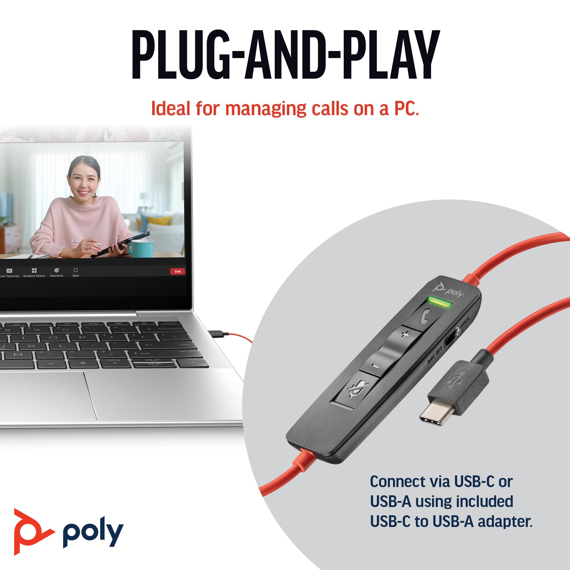 Poly Blackwire 8225 Wired Headset - Active Noise Cancelling - Hi-Fi Stereo - USB-A - PC Mac Teams Zoom Compatible - New