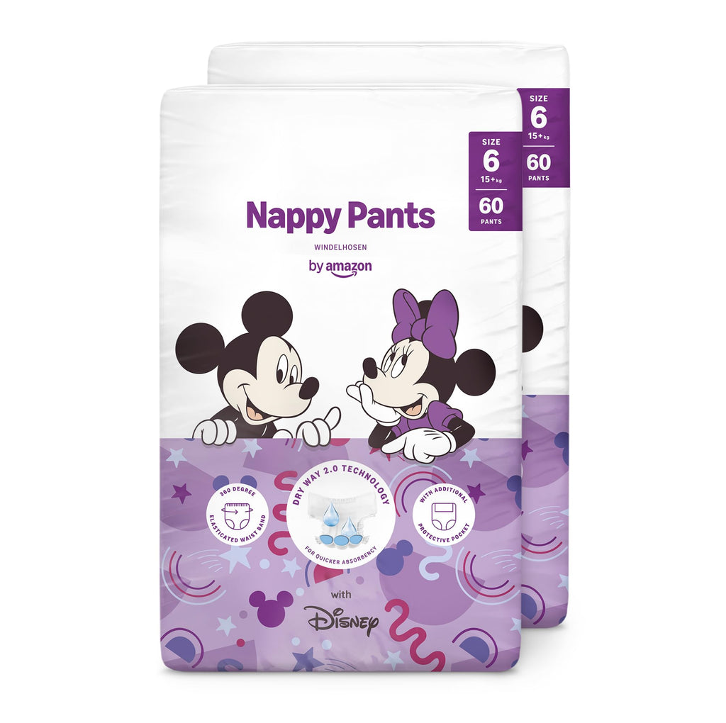 by Amazon Disney Nappy Pants Size 6 (15+ kg) - 120 Count (2x 60) - White Monthly Pack - Baby Training Diapers - New