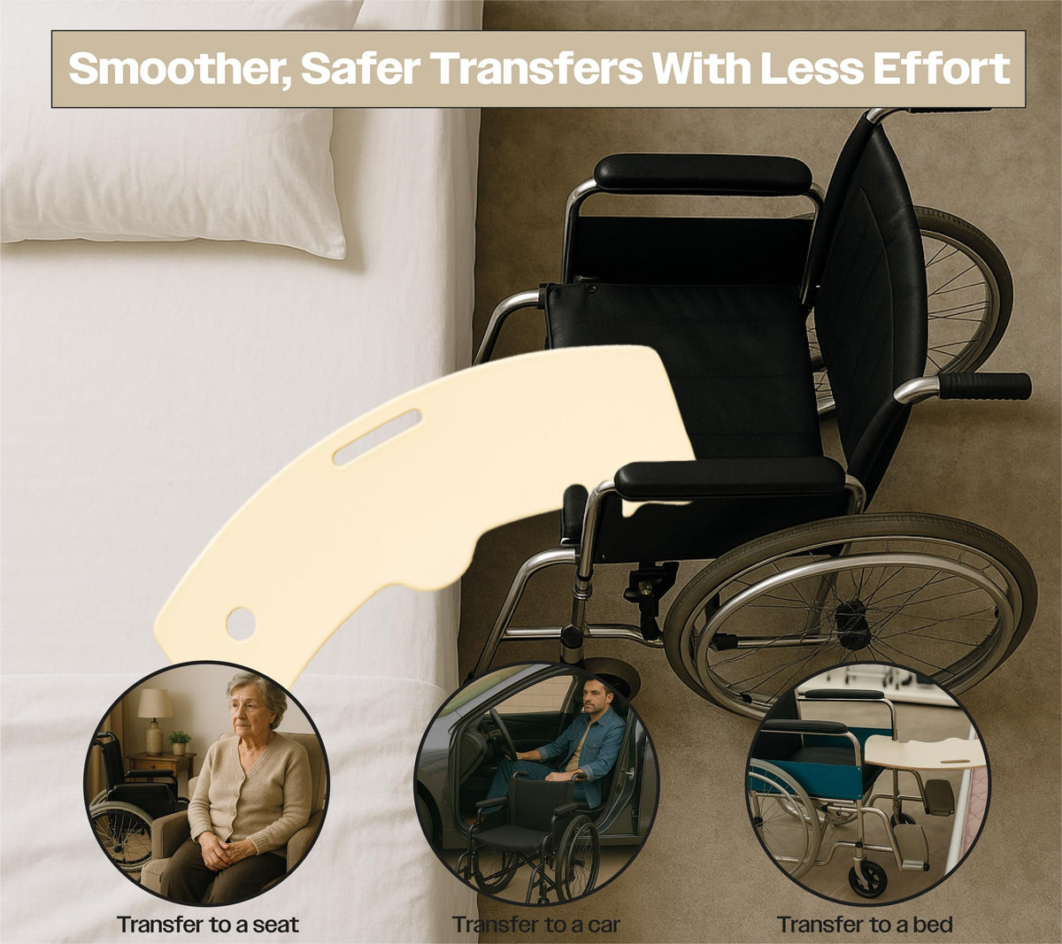 Aidapt Banana-Shaped Transfer Board - Curved Patient Aid, Non-Slip Strips, Handle, 150kg Mobility Support for Bed Wheelchair Car Toilet - Damaged Box