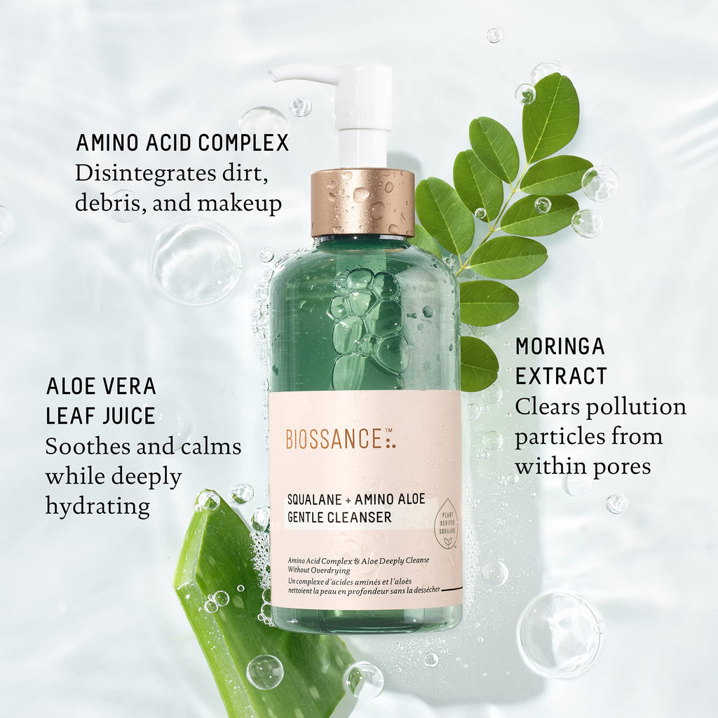 BIOSSANCE Squalane + Amino Aloe Gentle Face Wash - Foaming Cleanser Gel - Hydrating Facial Cleanser - New