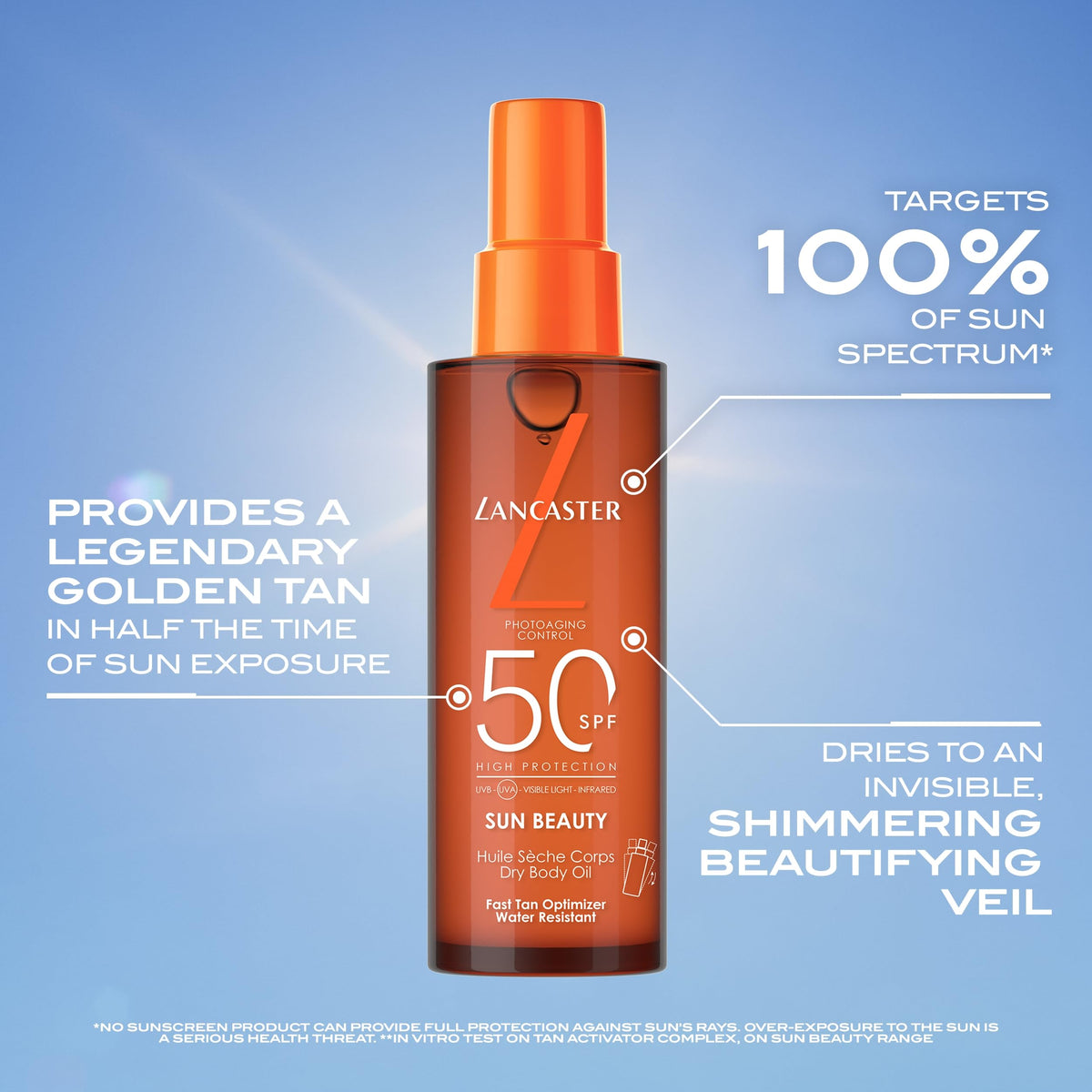 Lancaster Sun Beauty Dry Body Oil SPF30 150ml - Photoaging Control, Broad Spectrum Sun Protection, Fast Tan Optimizer, Water Resistant - New