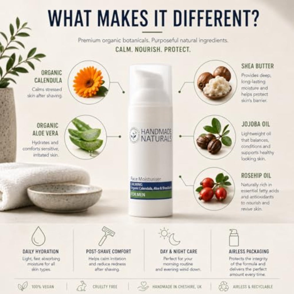 Handmade Naturals Face Moisturiser For Men - 100% Natural Facial Cream Lotion - New - BBE 08/2027