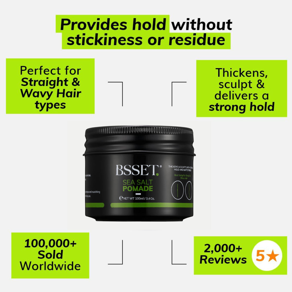 BSSET Sea Salt Pomade 100ml - Strong Hold Matte Finish - Hair Thickening Sculpting Styling Cream - Damaged Box