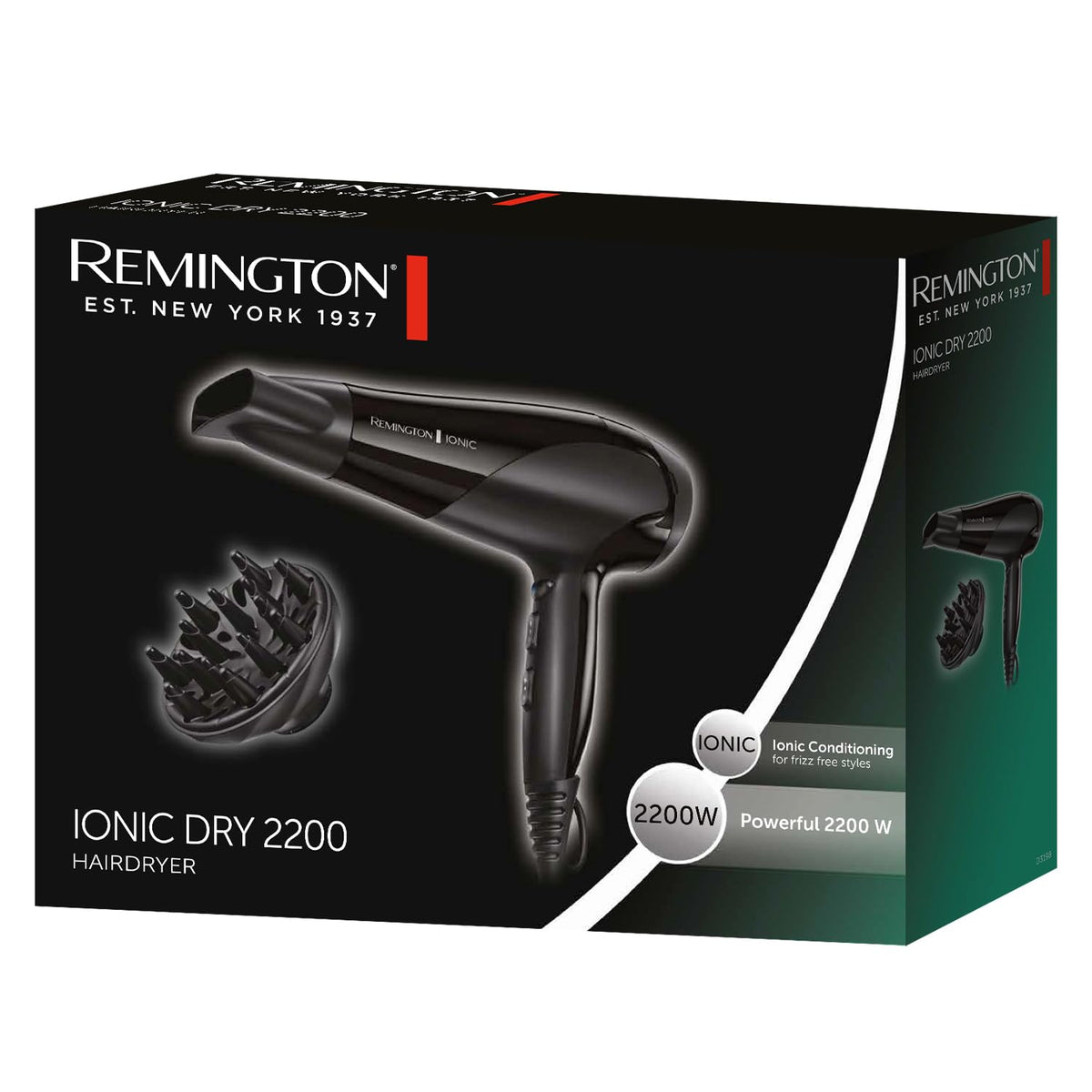 Remington D3198 Ionic Hair Dryer - 2200W Professional Styling, Diffuser, Concentrator, Frizz Control, Black - Damaged Box
