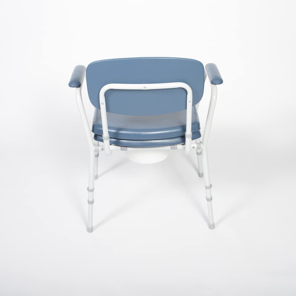 NRS Dovedale Comfort Commode - Height Adjustable, Padded Seat, Arms & Backrest - Blue/White Flat-Pack Toilet Aid - Very Good