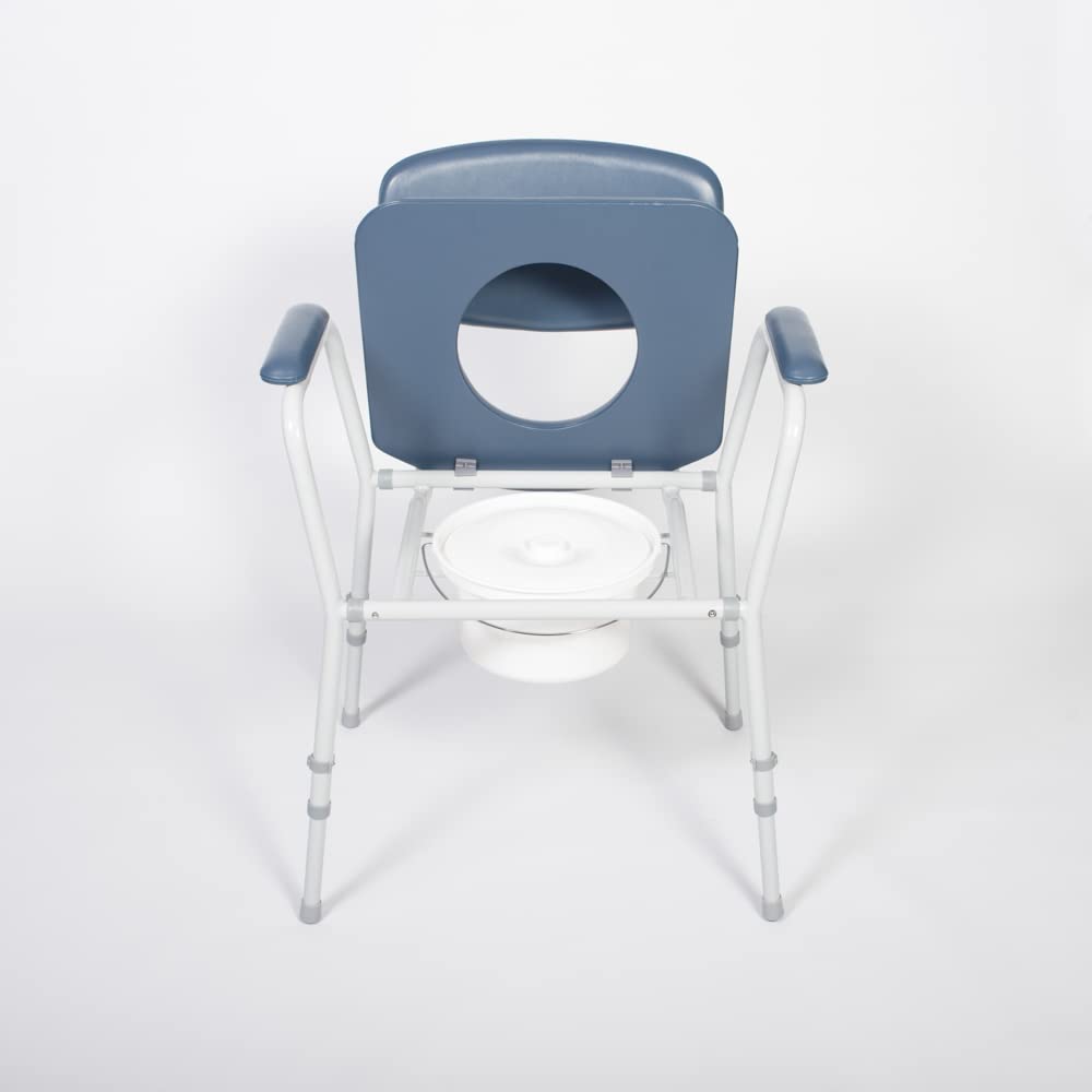 NRS Dovedale Comfort Commode - Height Adjustable, Padded Seat, Arms & Backrest - Blue/White Flat-Pack Toilet Aid - Very Good