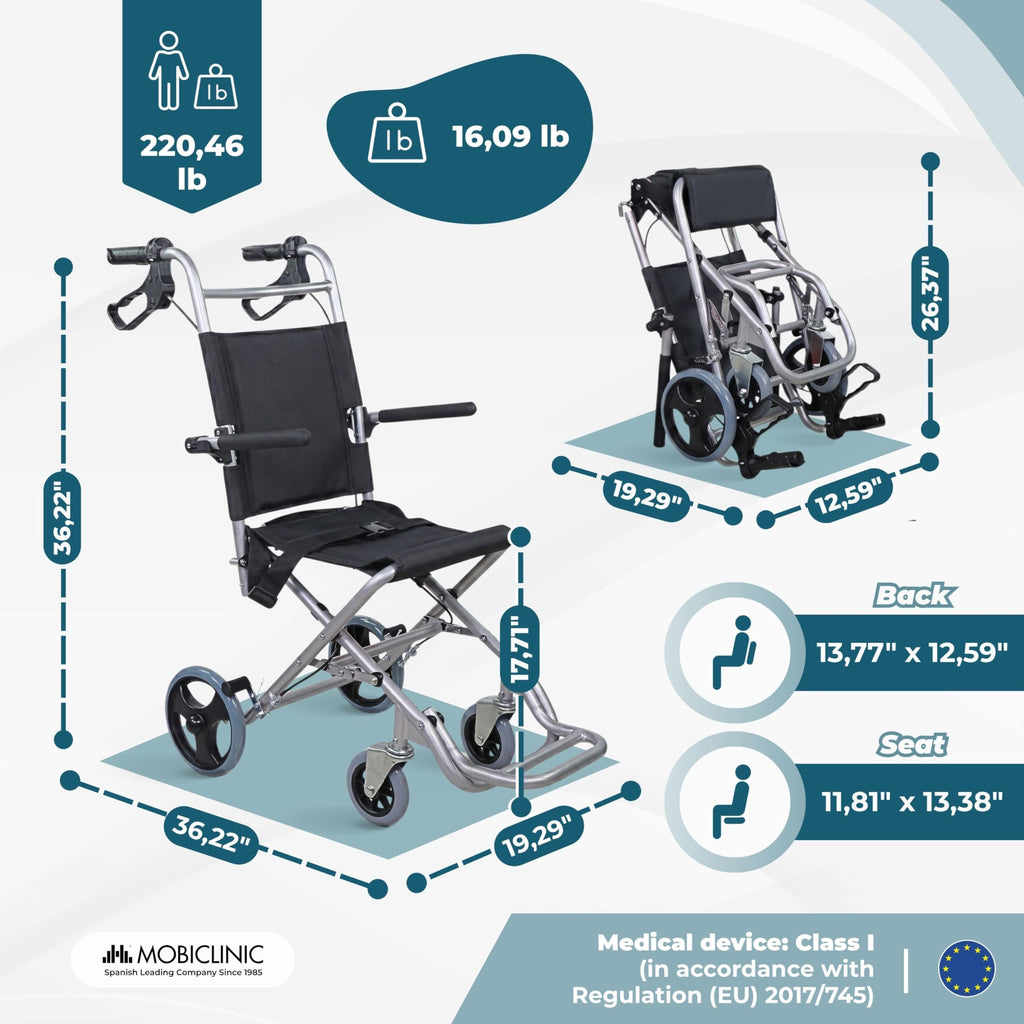 Mobiclinic Neptuno Folding Transport Wheelchair for Adults - Lightweight Aluminium - Ergonomic Seat & Backrest - Travel Belt - Damaged Box