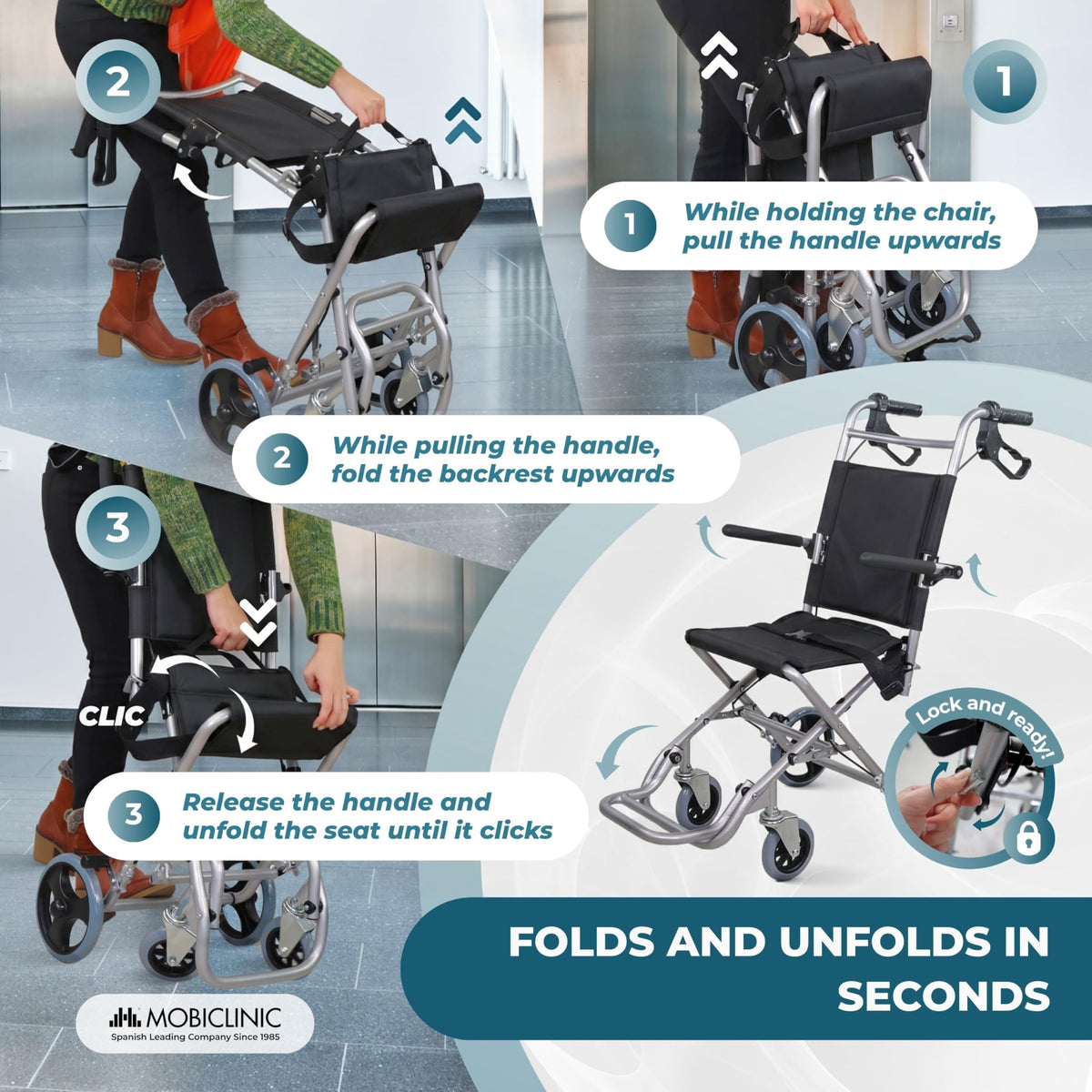 Mobiclinic Neptuno Folding Transport Wheelchair for Adults - Lightweight Aluminium - Ergonomic Seat & Backrest - Travel Belt - Damaged Box