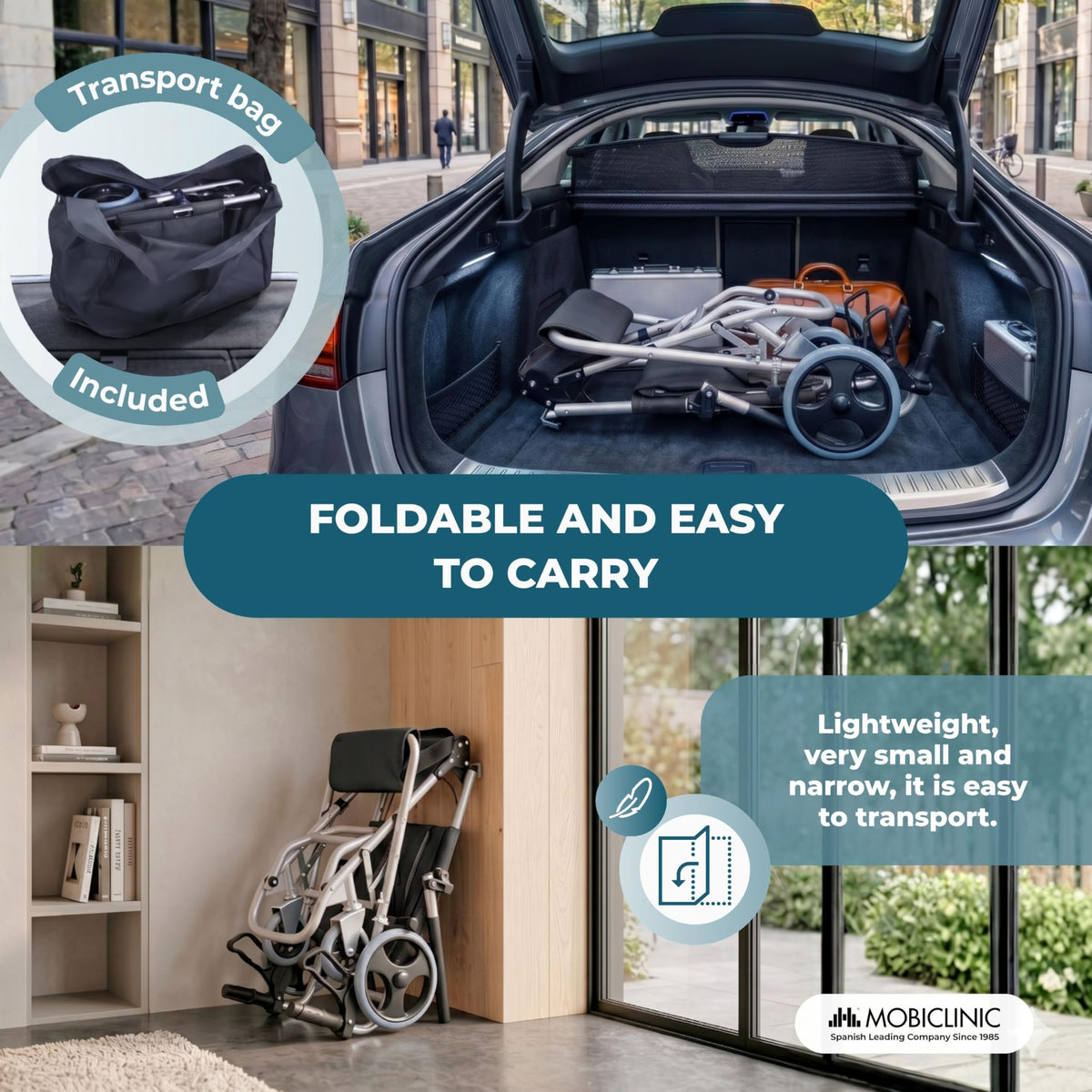 Mobiclinic Neptuno Folding Transport Wheelchair for Adults - Lightweight Aluminium - Ergonomic Seat & Backrest - Travel Belt - Damaged Box