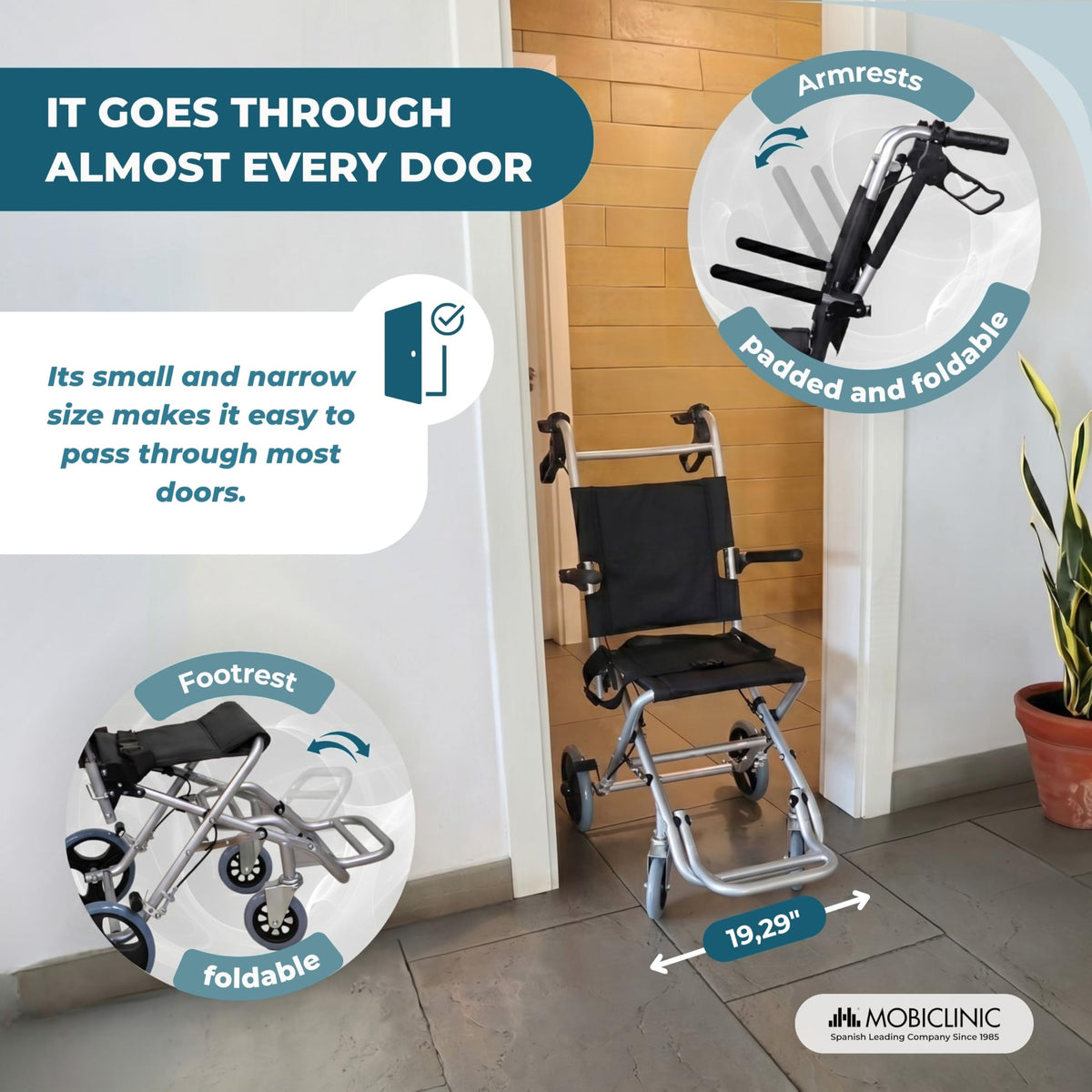 Mobiclinic Neptuno Folding Transport Wheelchair for Adults - Lightweight Aluminium - Ergonomic Seat & Backrest - Travel Belt - Damaged Box