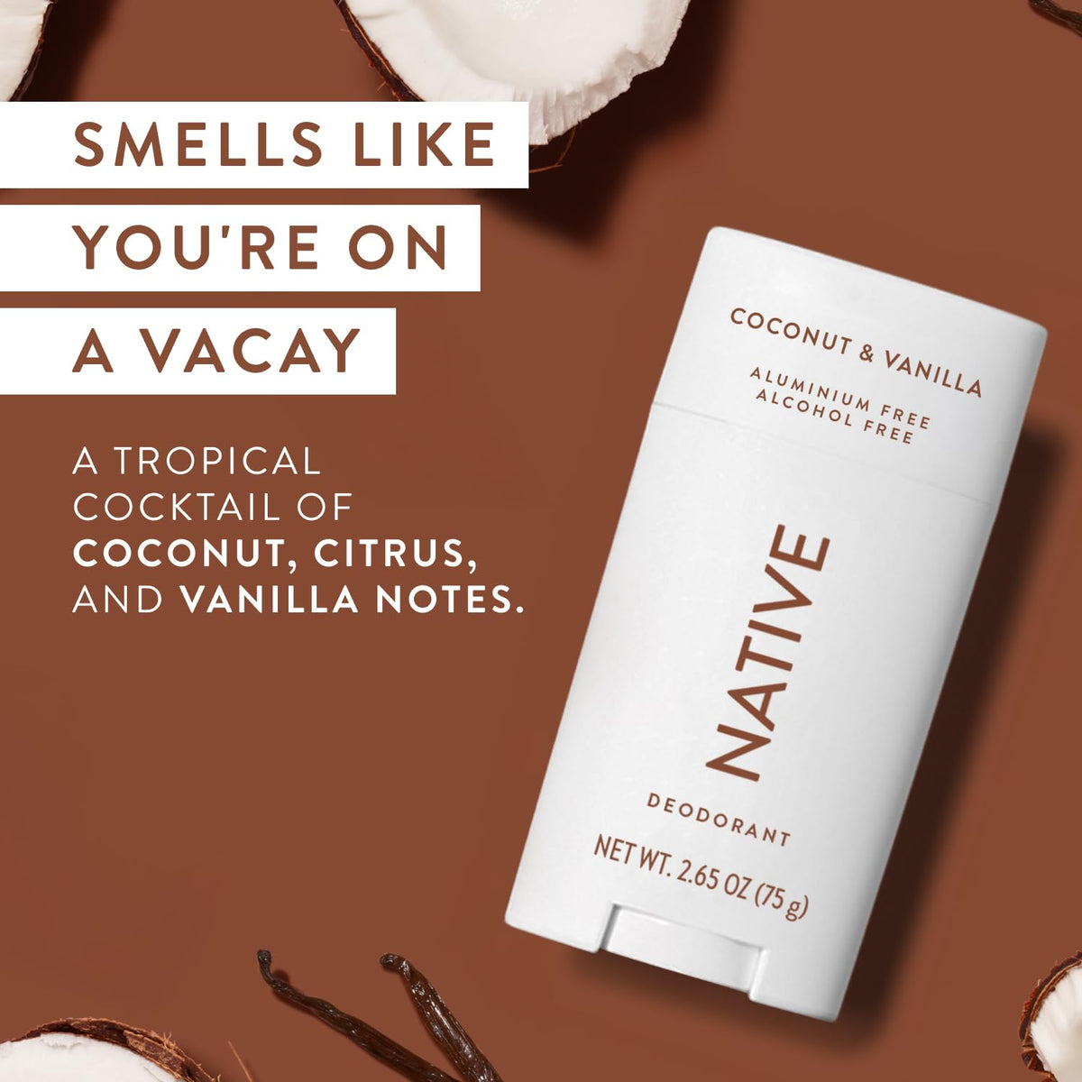 Native Coconut & Vanilla Deodorant - 75ml Natural Aluminium Free Stick - New - BBE 06/2028
